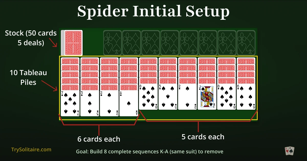 Spider Solitaire initial setup diagram showing 10 tableau piles, stock pile with 50 cards, and completed sequence area